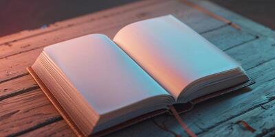 An open book on a wooden table photo