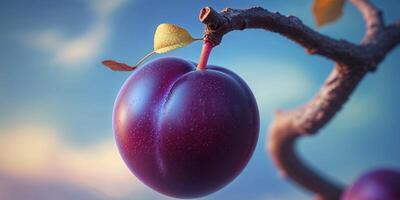 A purple plum is hanging on a branch photo