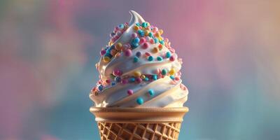 Ice cream in a waffle cone with colorful sprinkles photo