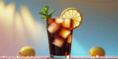 A glass of cola with ice and lemon photo