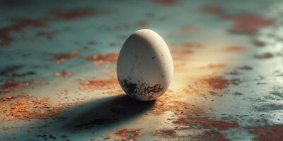 An egg sitting on a table with a brown background photo
