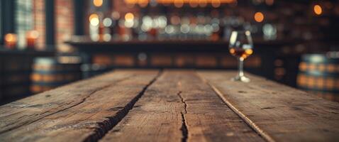 A glass of whiskey on a wooden table in front of a bar photo