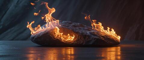 A rock with fire on it in front of a dark background photo