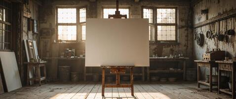 easel with blank canvas in a rusty farmhouse studio photo