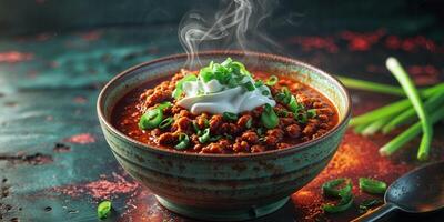Spicy chili bowl with sour cream and scallions on rustic dark background photo