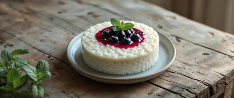 Creamy rice pudding topped with berry compote and fresh mint on a rustic table photo