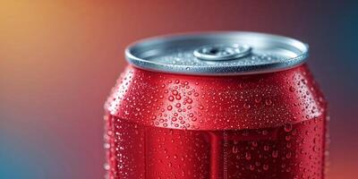 A close up view of a red soda can with droplets. photo