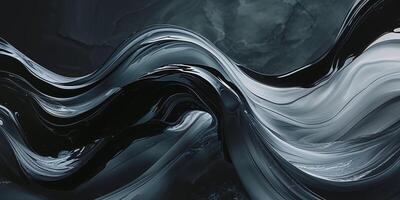 Dark abstract background featuring flowing gradients in glossy black and gray tones. photo