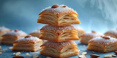A stack of pastry with almonds on top photo