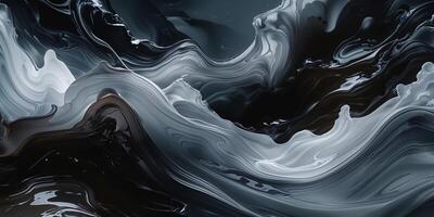 Dark abstract background featuring flowing gradients in glossy black and gray tones photo