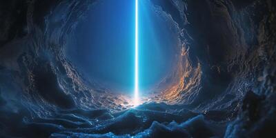 Glowing blue beam of light on a dark mysterious textured background. photo