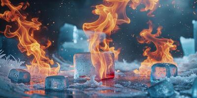 Ice and Fire Conceptual Background with Flames and Ice Cubes for Visual Contrast and Dramatic Effect photo