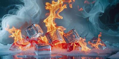 Ice and Fire Conceptual Background with Flames and Ice Cubes for Visual Contrast and Dramatic Effect. photo