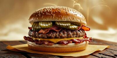 Juicy Double Bacon Cheeseburger with Pickles and Sesame Seed Bun on Wooden Table. photo