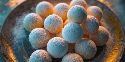 Top view of round dessert balls covered with powdered sugar on rustic plate photo