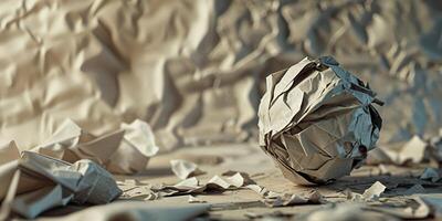 Crumpled paper background with wrinkled texture and a crushed paper ball. photo