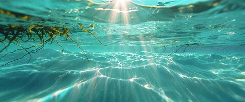 A view of the ocean from above with sunlight shining through the water photo