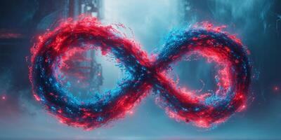 Abstract Red And Blue Glowing Particle Infinity Symbol. photo