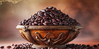 A Stunning Display of Cocoa Beans in a Wooden Bowl. photo