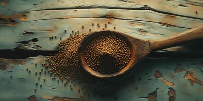 Rustic wooden spoon filled with dark mustard seeds on textured wooden surface overhead shot for culinary concepts. photo