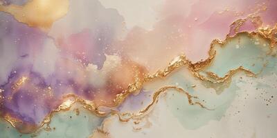 Abstract watercolor background featuring gold and multiple soft color hues photo