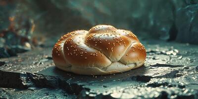 A single seeded bun rests on a surface of dark texture. photo