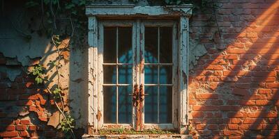 Rustic window frame on weathered brick wall of an abandoned building. photo