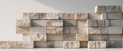A wall made of stone blocks in front of a white wall photo