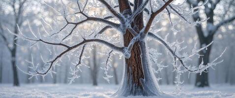 A tree covered in ice in the middle of a snowy forest photo