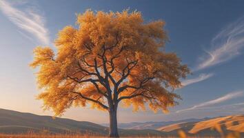 A tree stands alone in a field with a sunset in the background photo