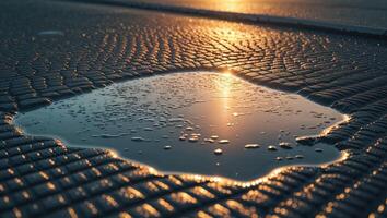 Reflecting sunlight in a puddle on the textured asphalt surface. photo