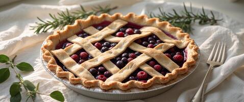 Homemade lattice topped pie with a flaky golden brown crust and a delicious fruit filling ready to be served as a delightful dessert or indulgent snack. photo
