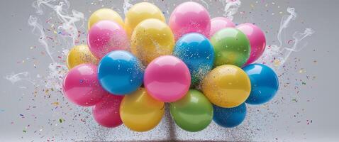 Colorful balloons with confetti and smoke form a festive composition. photo