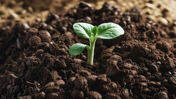 A small plant sprouts from the soil photo