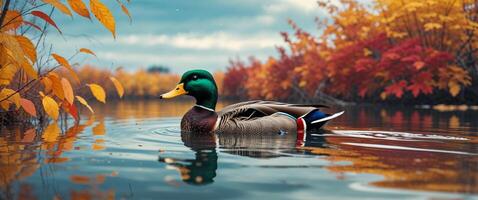 A duck swimming in the water surrounded by autumn trees photo