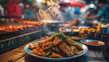 A plate of food on a table with smoke coming out of it photo