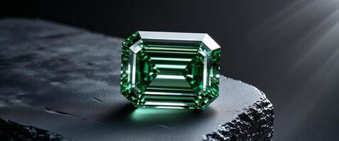 glossy emerald cut diamond resting on a textured black surface with sharp reflections and captivating clarity photo