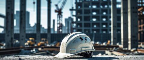 Construction site showcasing a white hard hat resting on concrete with cranes and buildings in the background during daylight photo