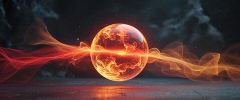 glowing fiery orb with magical energy on dark mystical background. photo