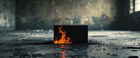 A black box with fire in the middle of an empty room photo