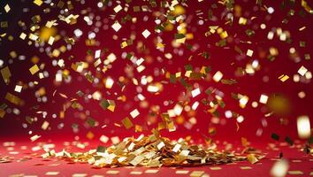 Golden confetti falling on a red background photo