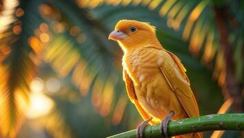A yellow bird is sitting on a branch photo