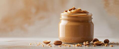 Peanut butter in a jar with nuts on a table photo