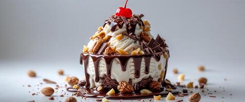 A chocolate ice cream sundae with nuts and cherries photo
