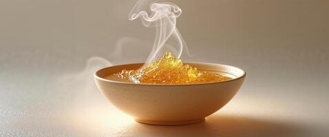 A bowl of honey with smoke coming out of it photo