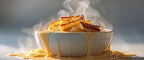 A bowl of food with cheese and bread in it photo