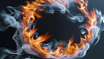An abstract image of a spiral of fire and smoke on a black background. photo