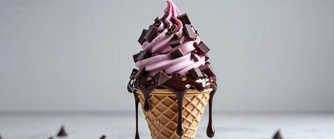 Decadent Chocolate Ice Cream Cone with Dripping Fudge and Chocolate Chunks on Crisp Waffle Cone photo