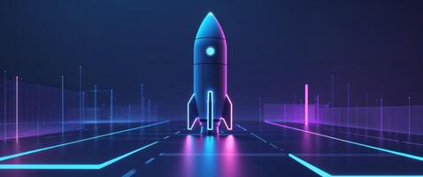 Glowing Rocket on Futuristic Digital Interface. photo