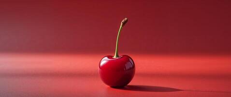 A single cherry is sitting in a vase on a red surface photo